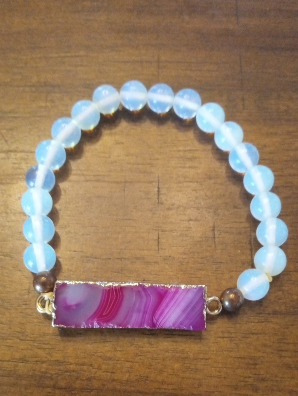 Pink Agate Bar & Opalescent Bead Stretch Bracelet NWT - Picture 6 of 6